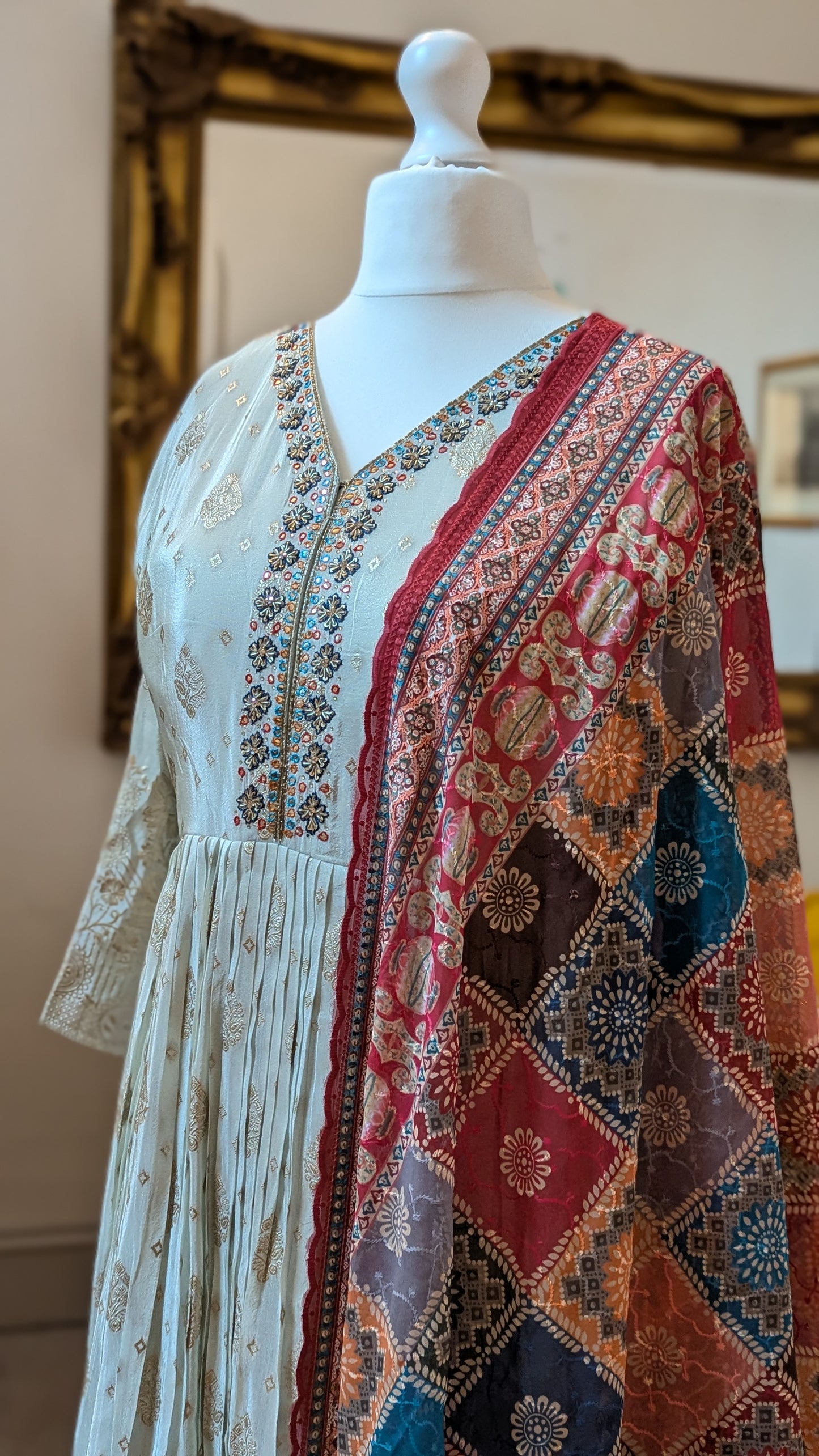 Light sage gown with gold weave and contrast dupatta (14-16)