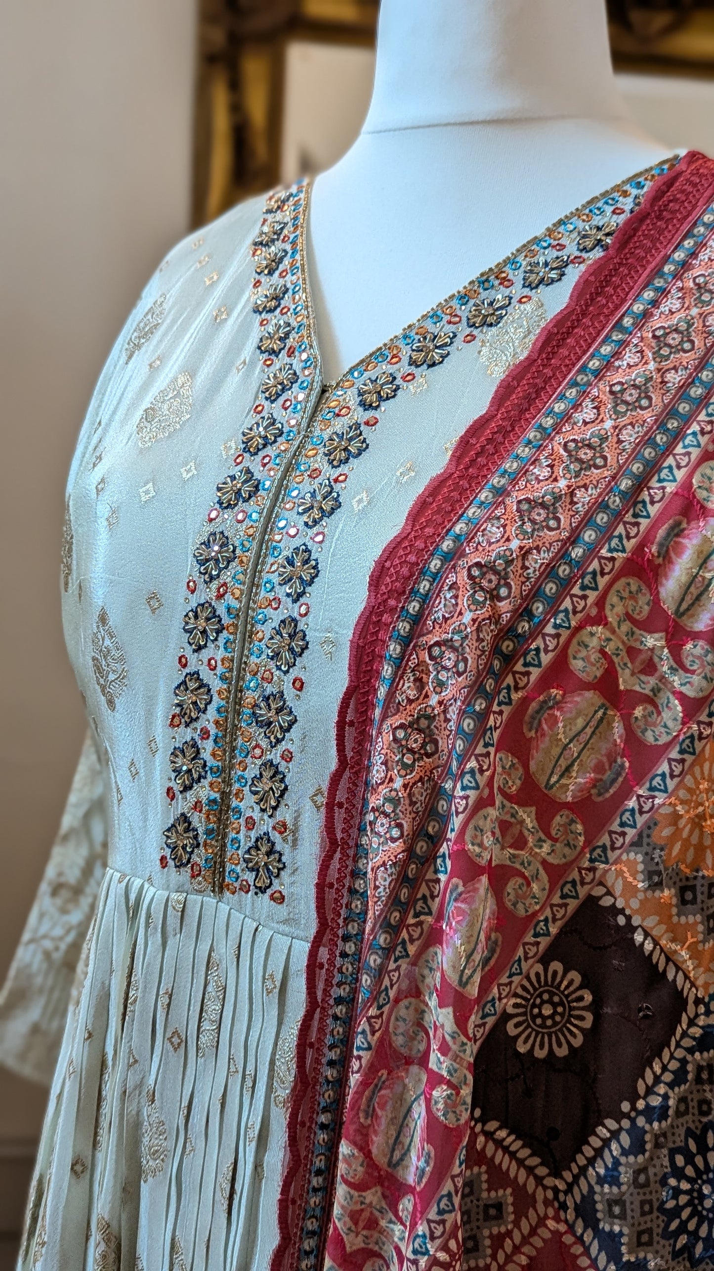 Light sage gown with gold weave and contrast dupatta (14-16)