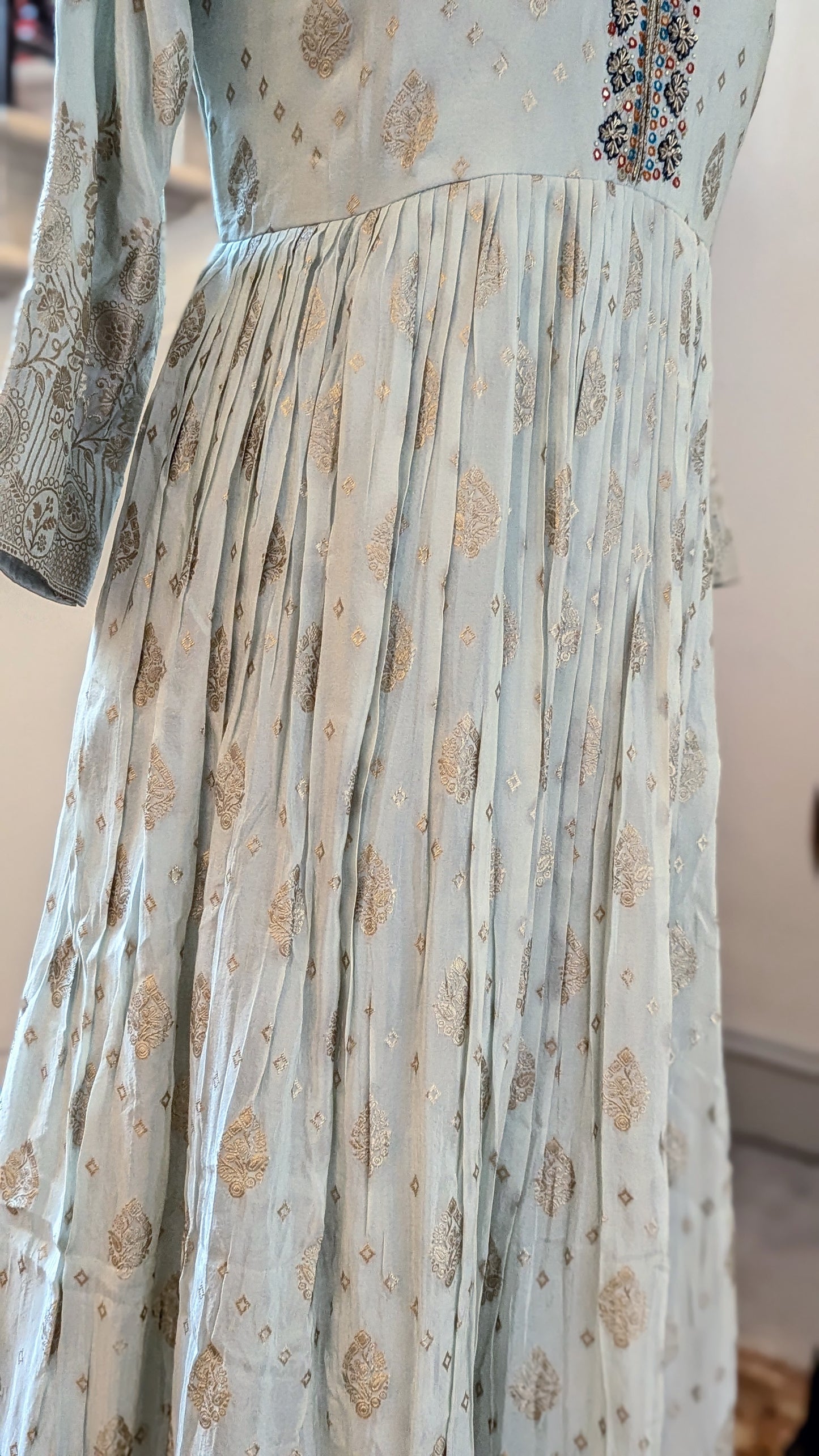 Light sage gown with gold weave and contrast dupatta (14-16)