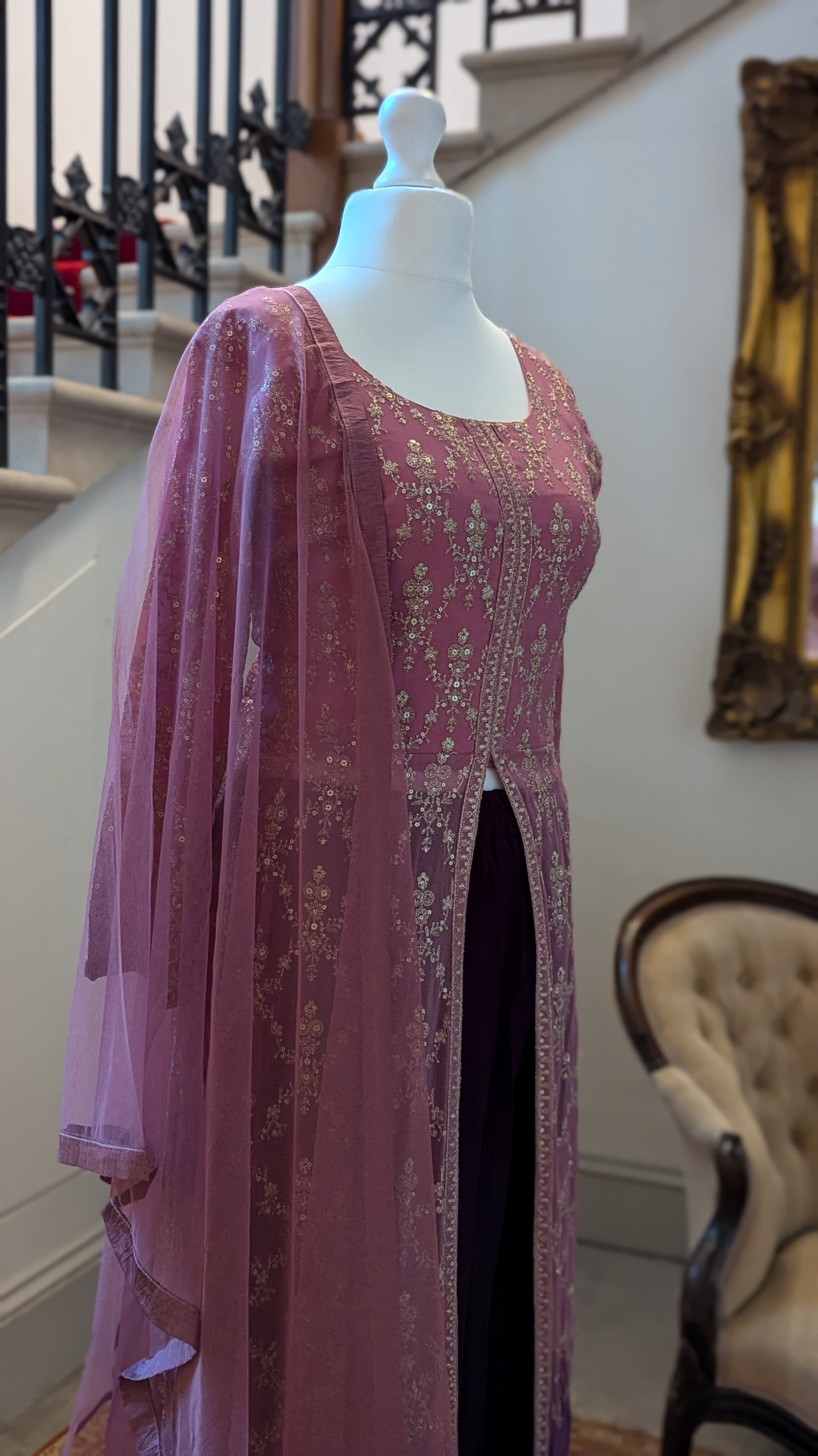 Sherni London georgette two tone ombre pink purple front split jacket anarkali palazzo set with all over light gold embroidery and light net dupatta