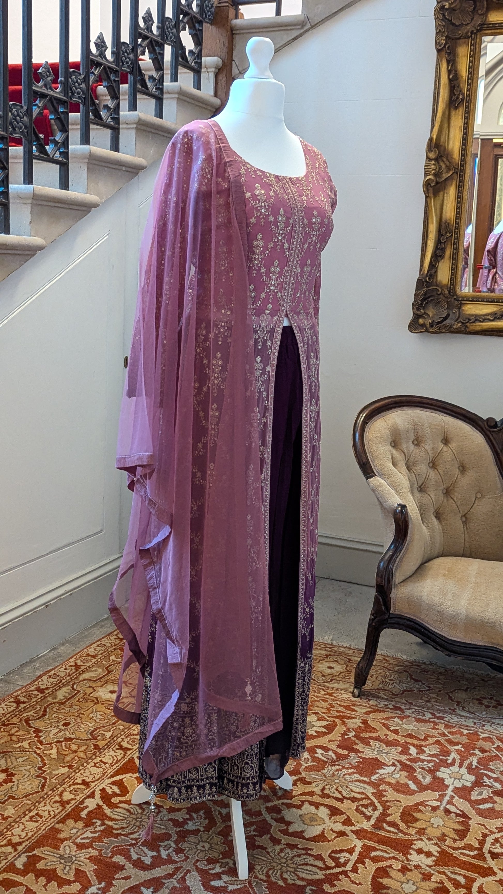 Sherni London georgette two tone ombre pink purple front split jacket anarkali palazzo set with all over light gold embroidery and light net dupatta
