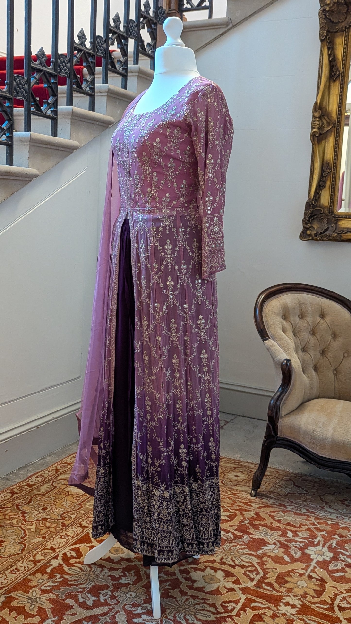 Sherni London georgette two tone ombre pink purple front split jacket anarkali palazzo set with all over light gold embroidery and light net dupatta