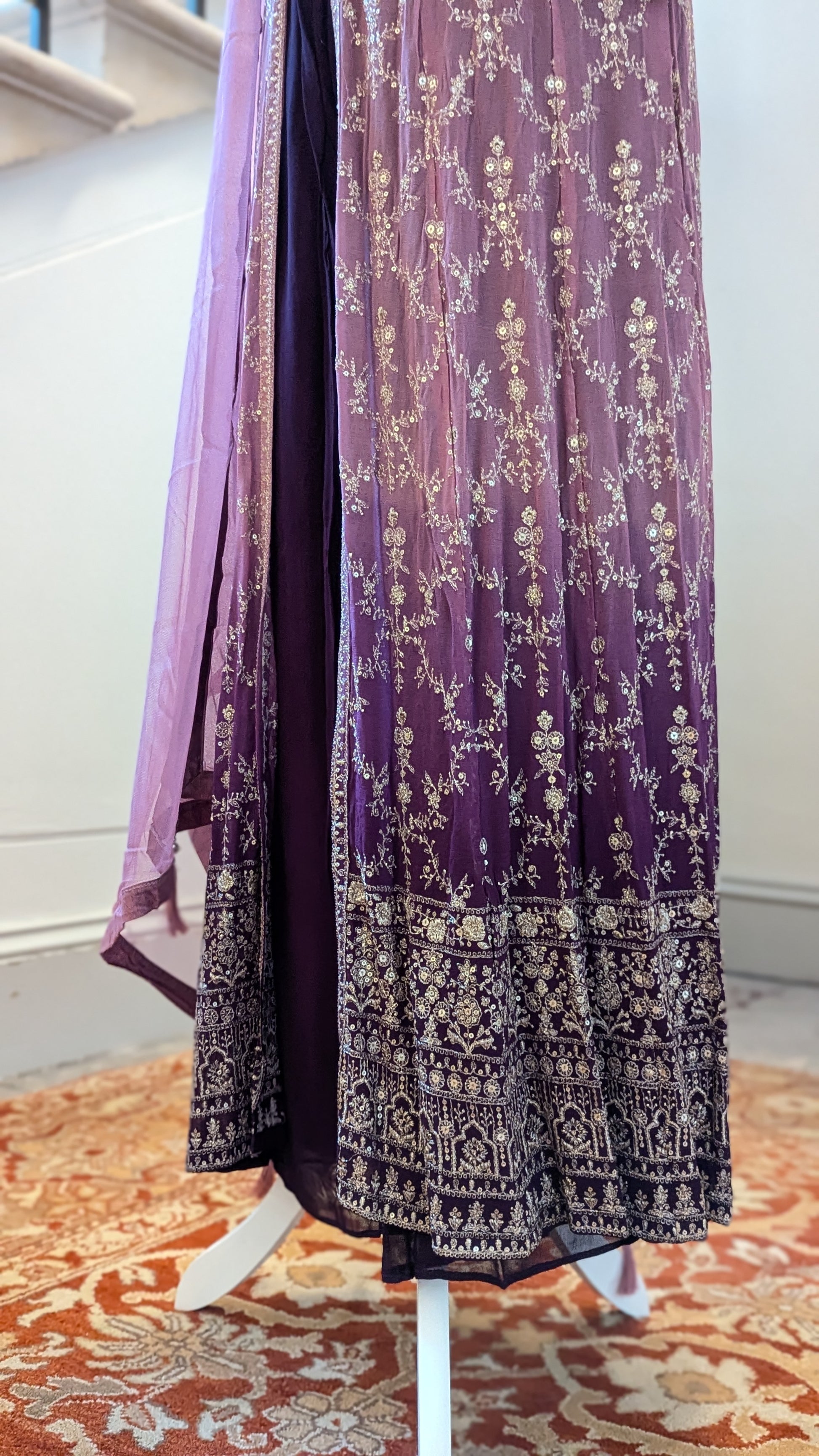 Sherni London georgette two tone ombre pink purple front split jacket anarkali palazzo set with all over light gold embroidery and light net dupatta