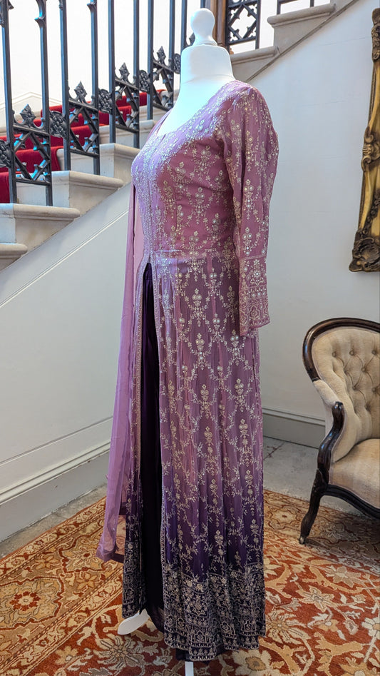 Sherni London georgette two tone ombre pink purple front split jacket anarkali palazzo set with all over light gold embroidery and light net dupatta