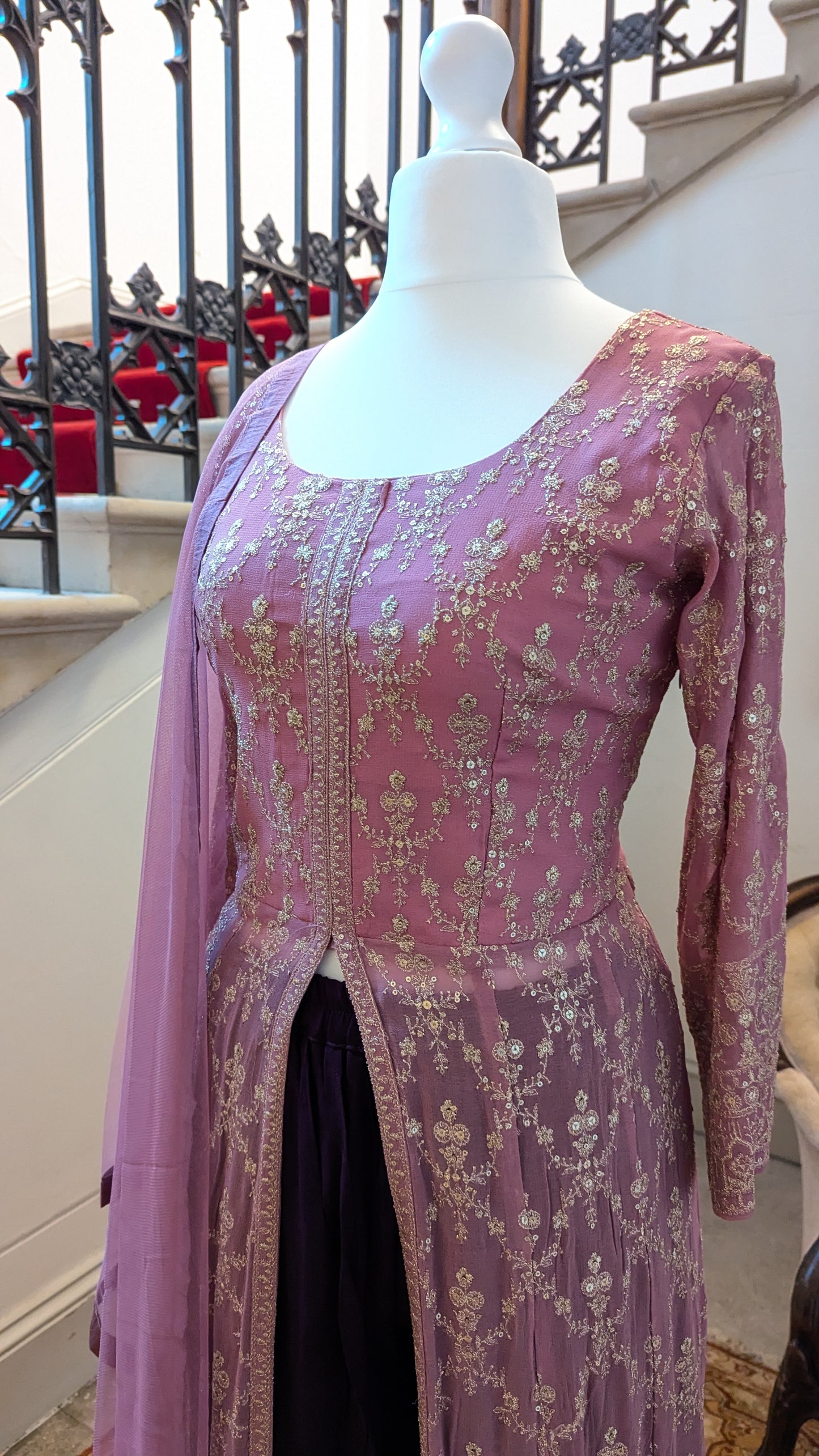 Sherni London georgette two tone ombre pink purple front split jacket anarkali palazzo set with all over light gold embroidery and light net dupatta