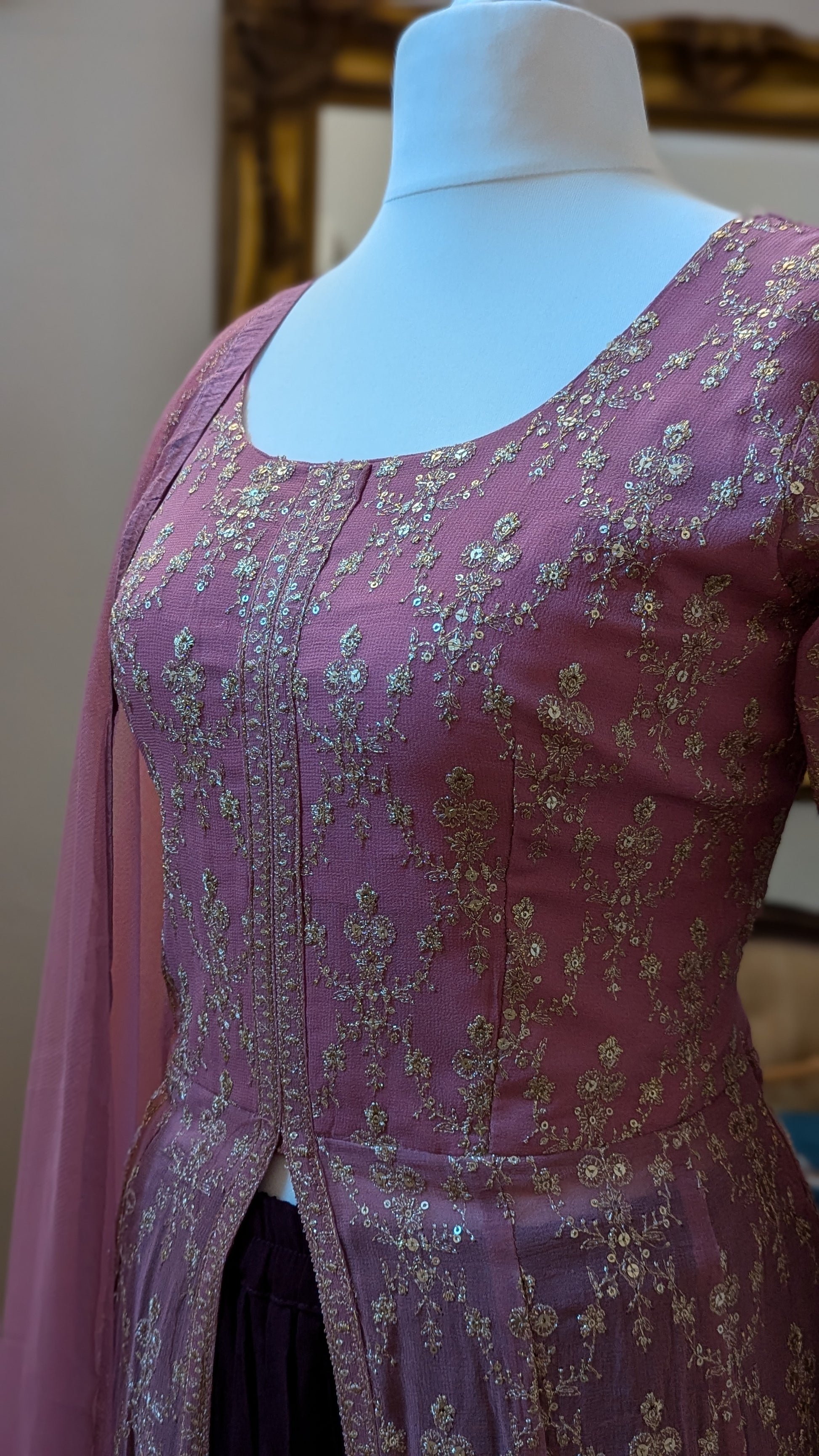 Sherni London georgette two tone ombre pink purple front split jacket anarkali palazzo set with all over light gold embroidery and light net dupatta