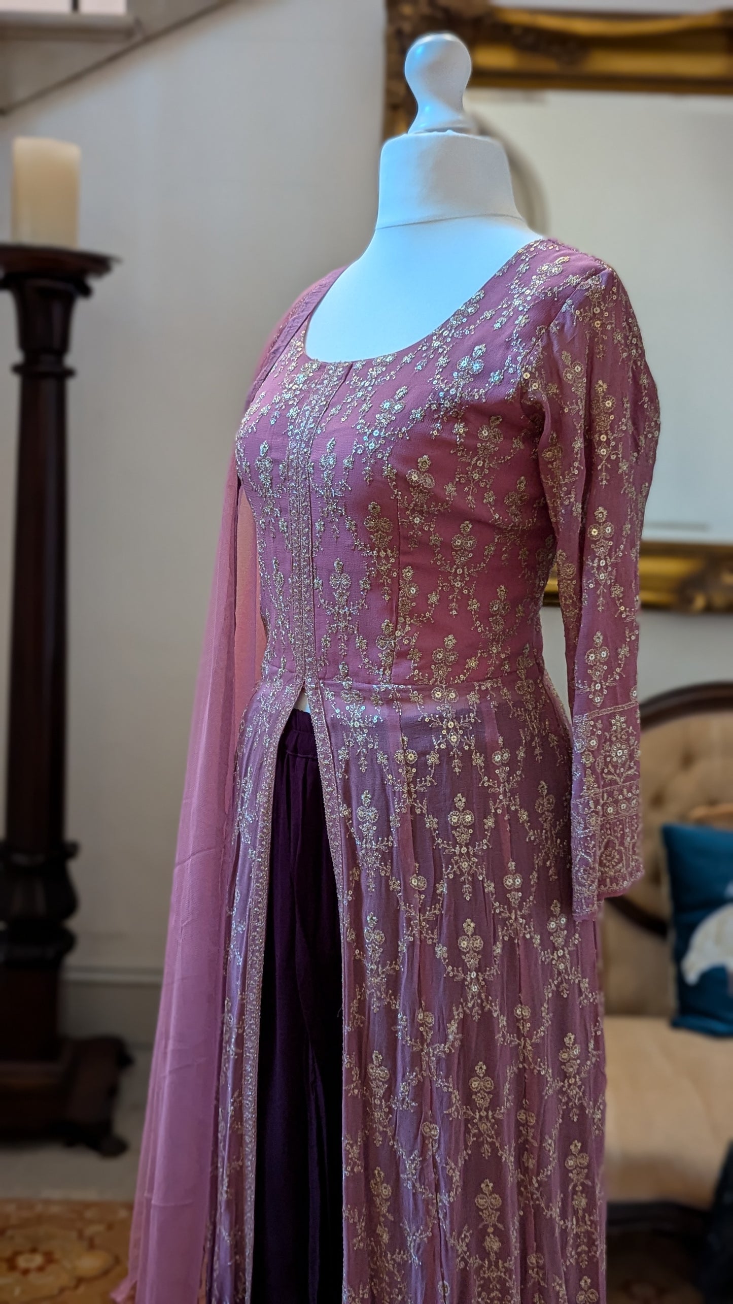 Sherni London georgette two tone ombre pink purple front split jacket anarkali palazzo set with all over light gold embroidery and light net dupatta
