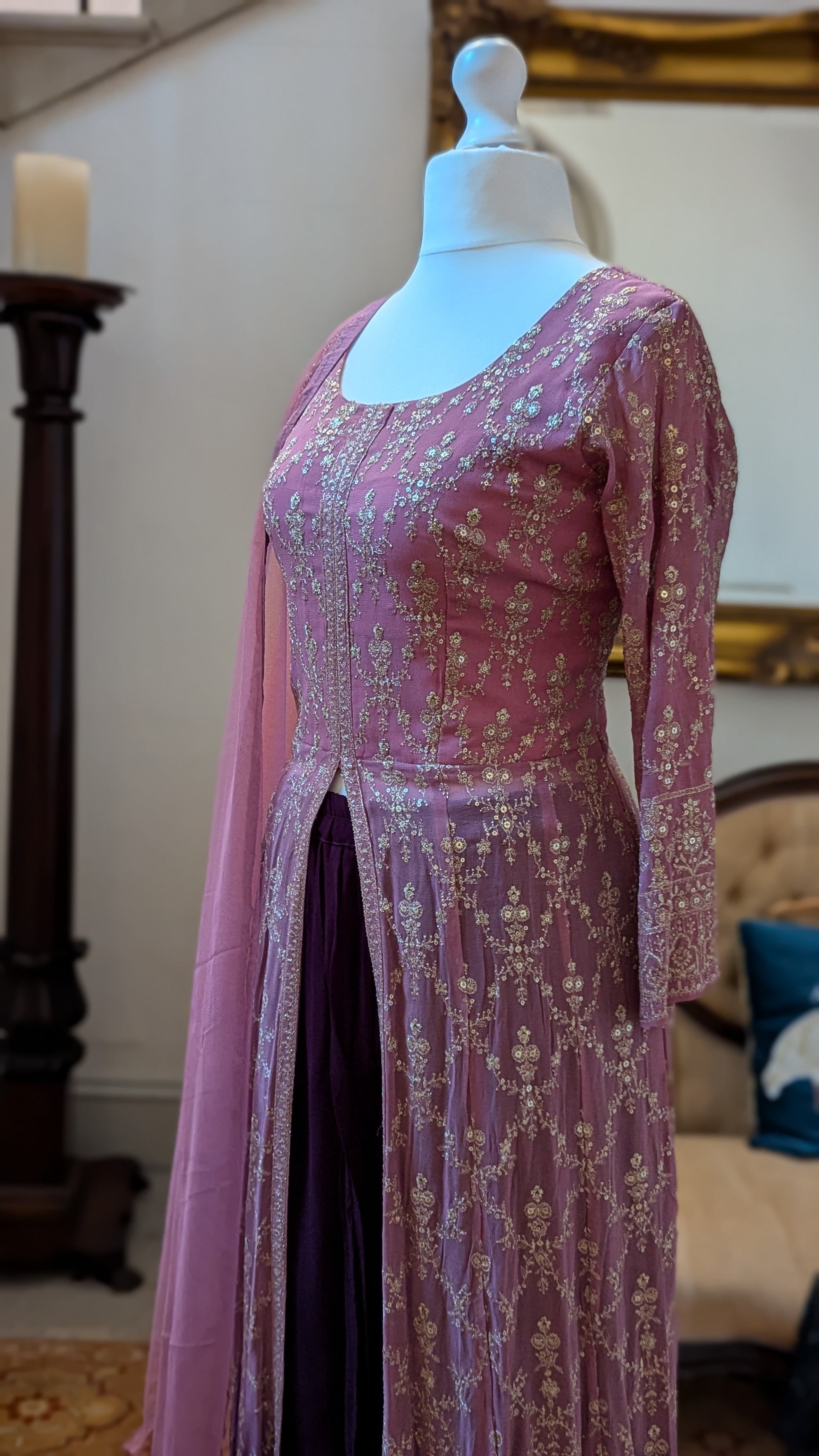 Sherni London georgette two tone ombre pink purple front split jacket anarkali palazzo set with all over light gold embroidery and light net dupatta