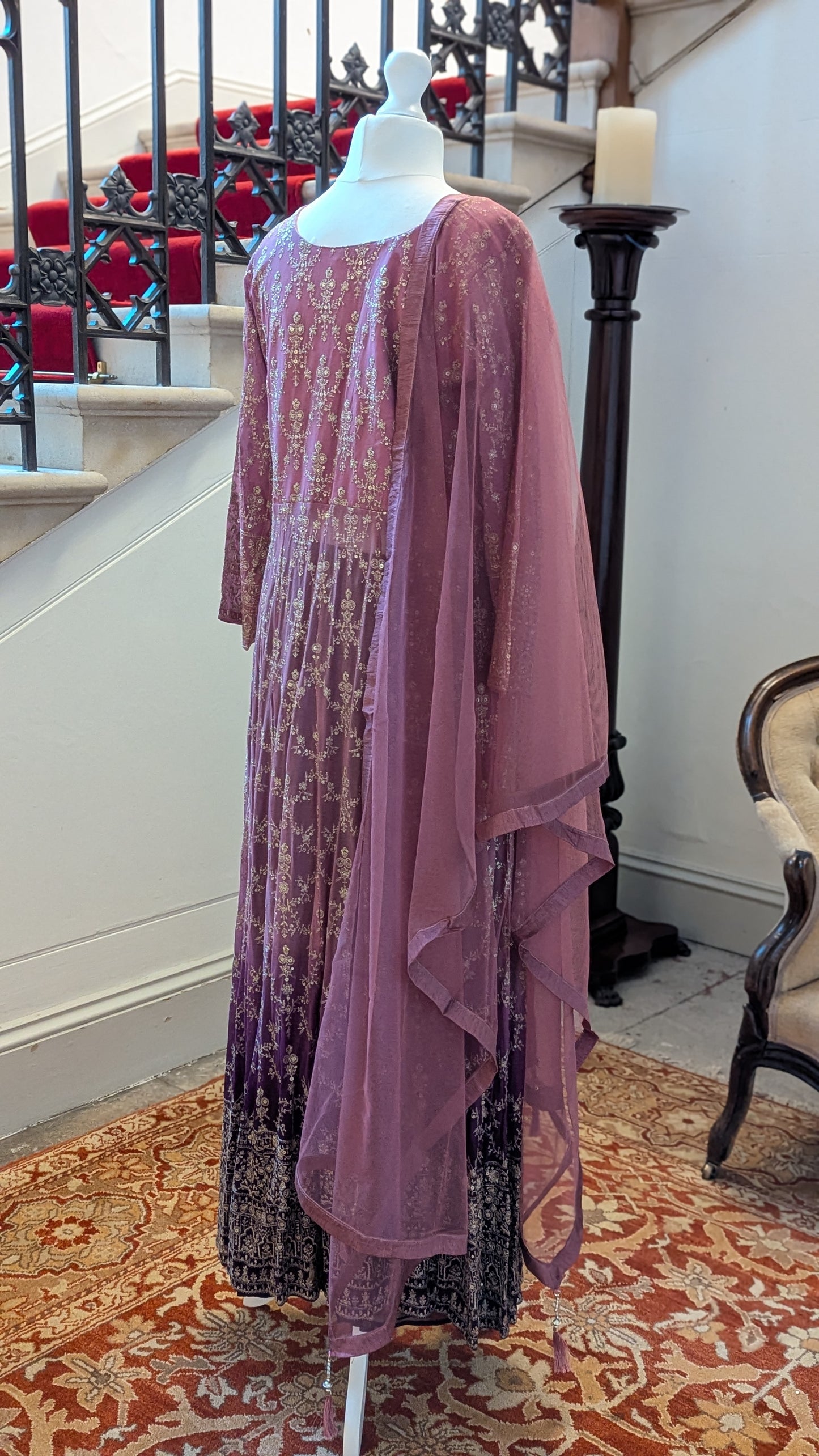 Sherni London georgette two tone ombre pink purple front split jacket anarkali palazzo set with all over light gold embroidery and light net dupatta