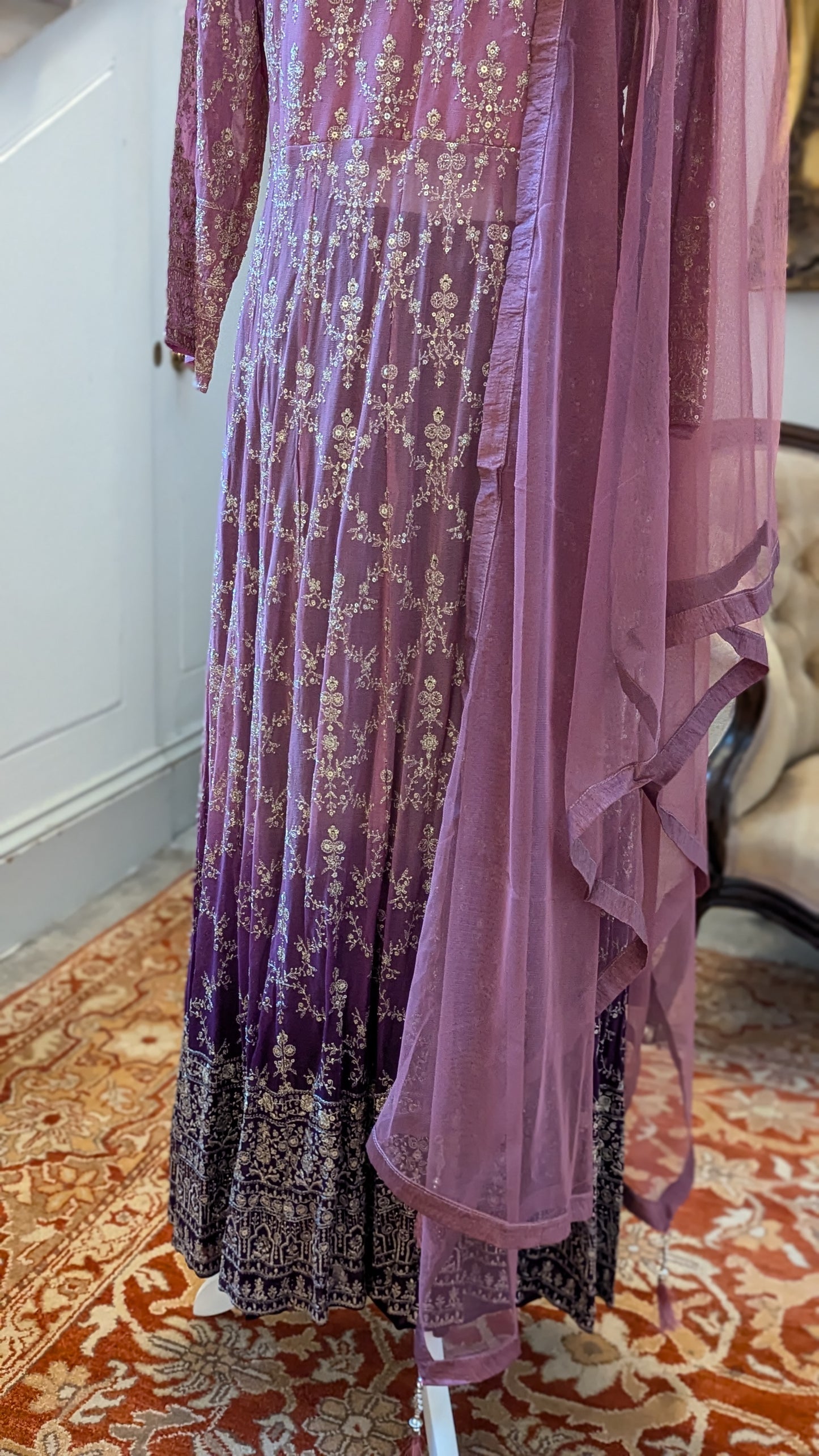 Sherni London georgette two tone ombre pink purple front split jacket anarkali palazzo set with all over light gold embroidery and light net dupatta