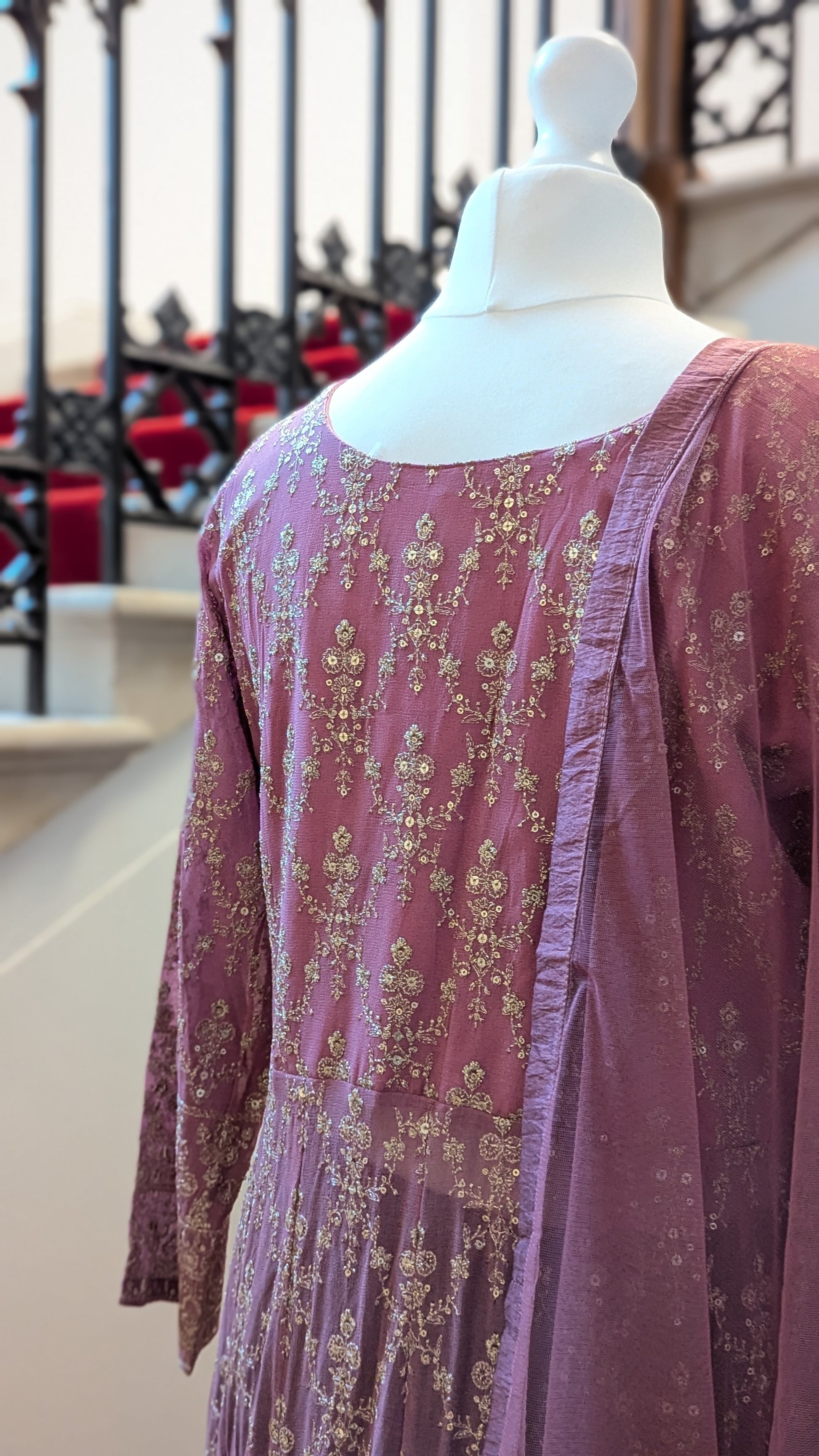 Sherni London georgette two tone ombre pink purple front split jacket anarkali palazzo set with all over light gold embroidery and light net dupatta