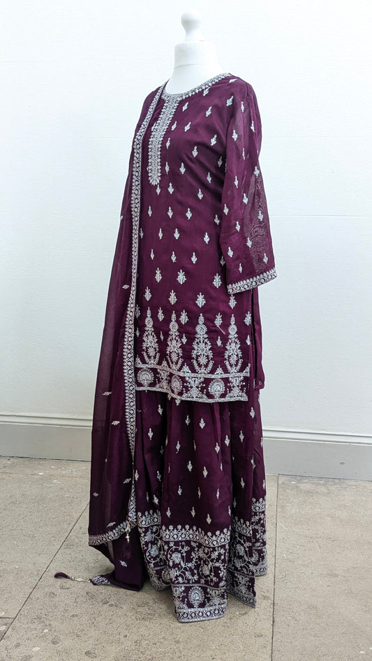 Burgundy purple Sherni London traditional gharara suit set with silver embroidery and georgette dupatta
