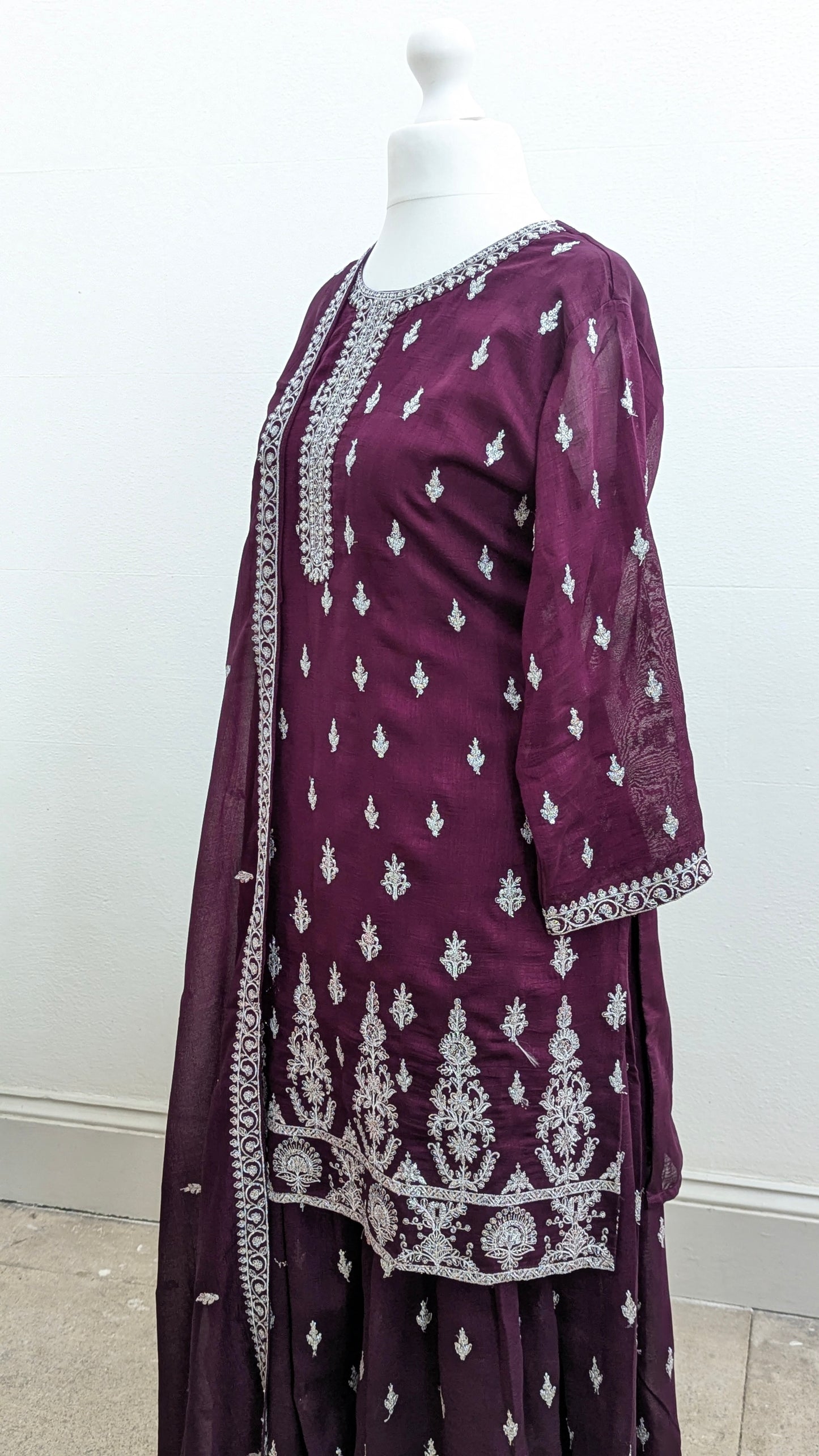 Burgundy purple Sherni London traditional gharara suit set with silver embroidery and georgette dupatta
