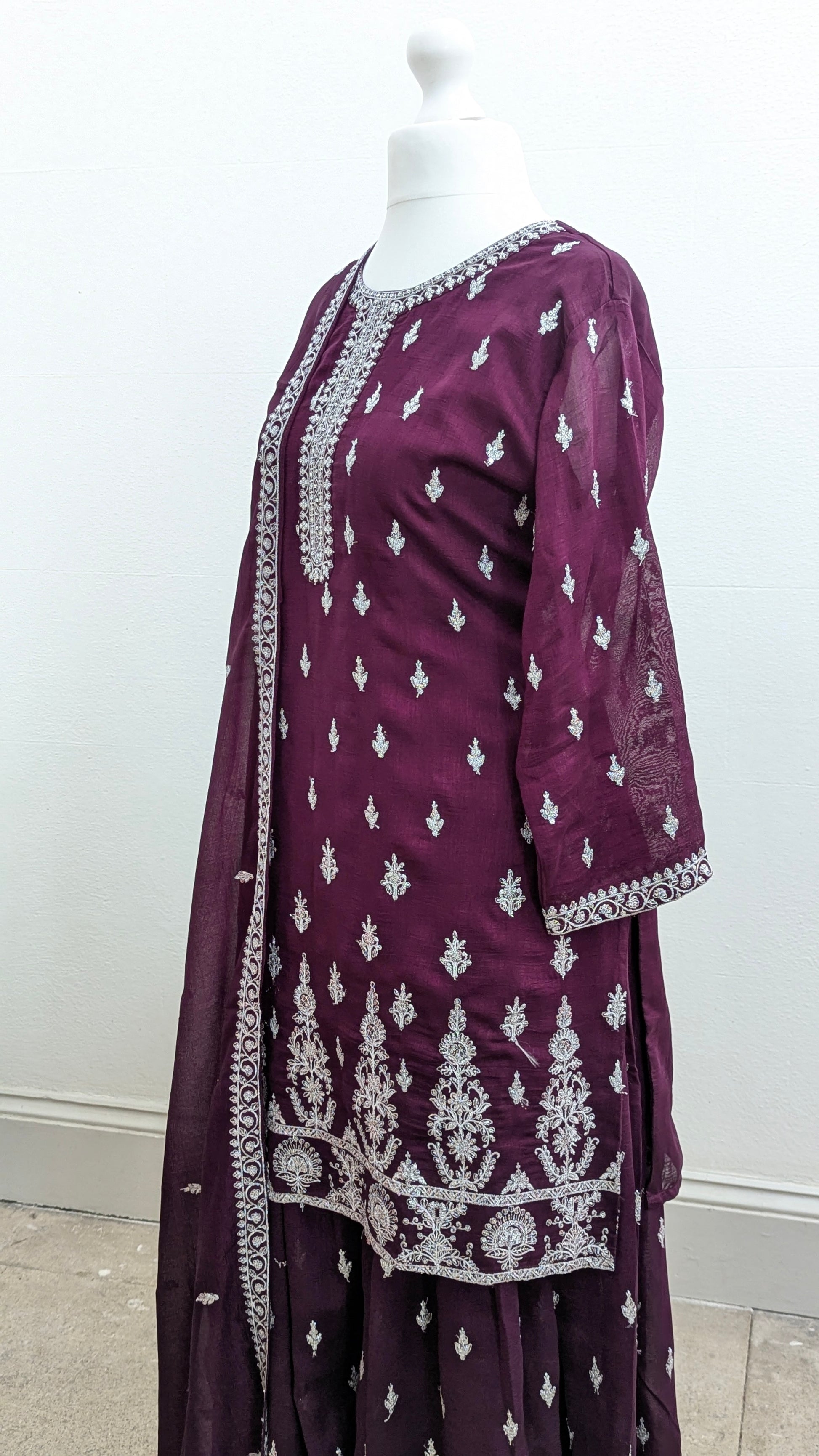 Burgundy purple Sherni London traditional gharara suit set with silver embroidery and georgette dupatta