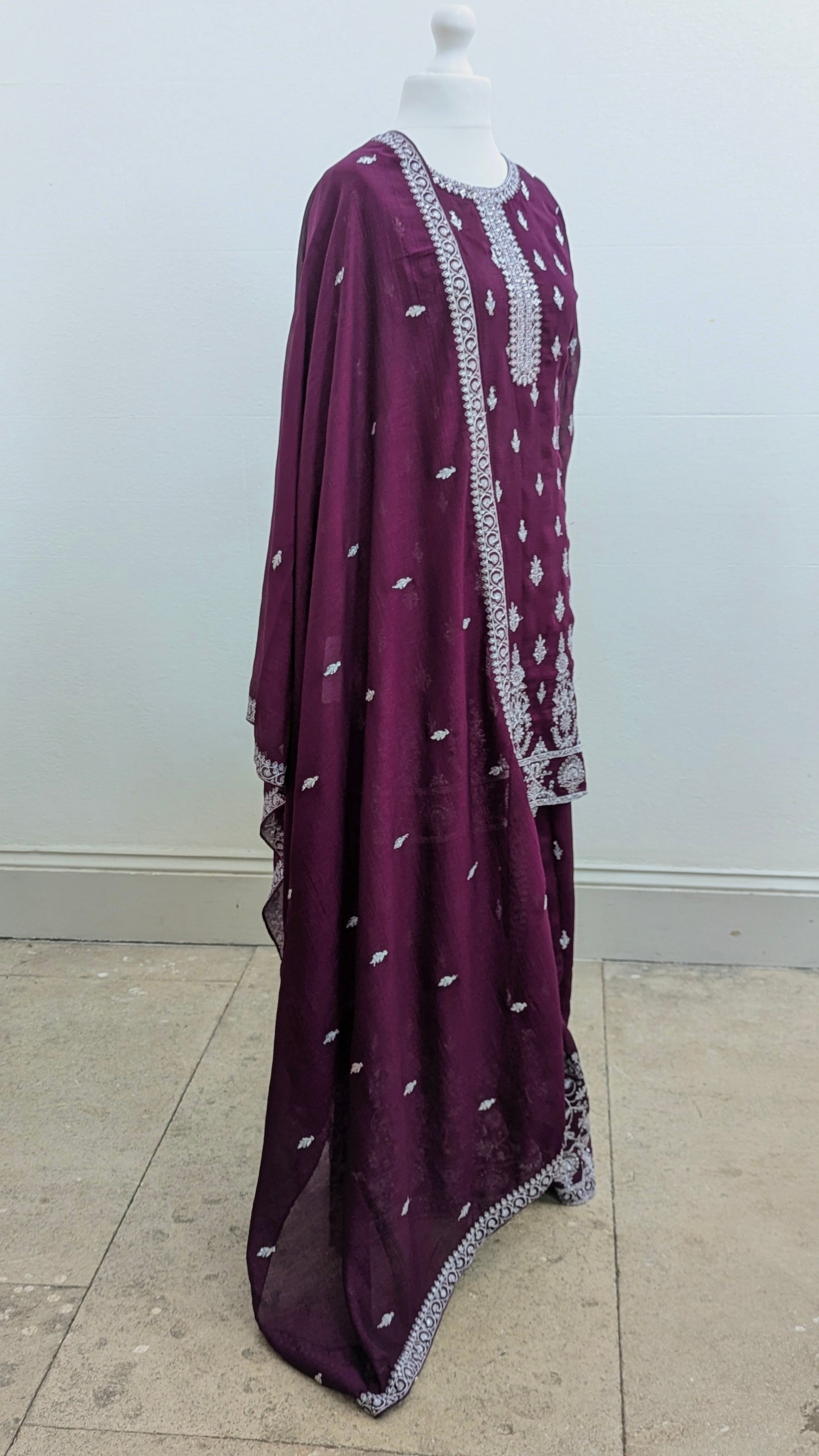 Burgundy purple Sherni London traditional gharara suit set with silver embroidery and georgette dupatta