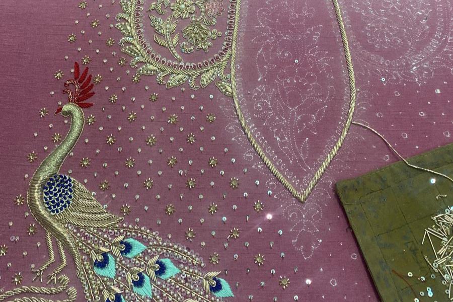 Peacock hand embroidery pink indian bridal lehenga sherni london bespoke dress