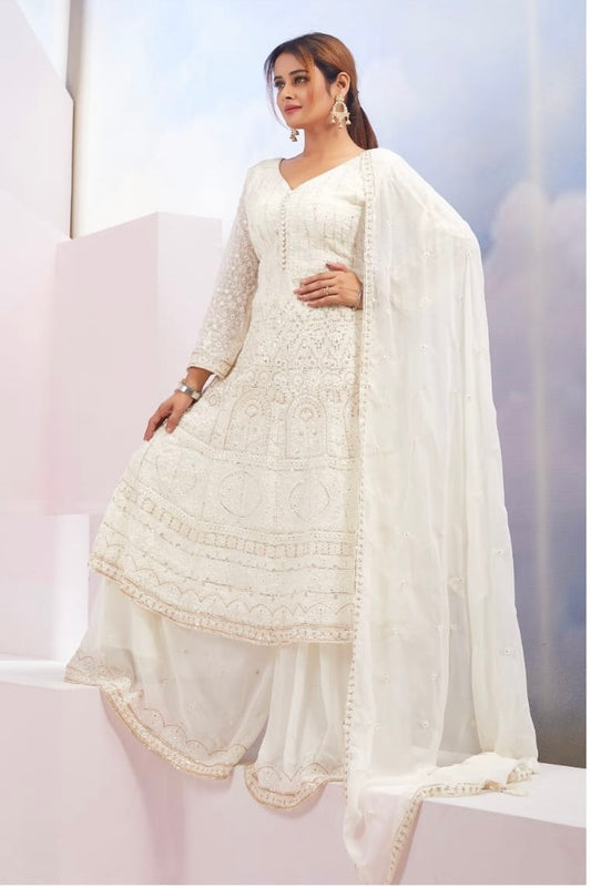 Cream Chikankari V-neck Sharara Suit (16-18)