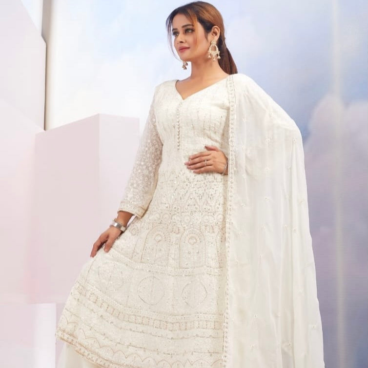 Cream Chikankari V-neck Sharara Suit (12-14)