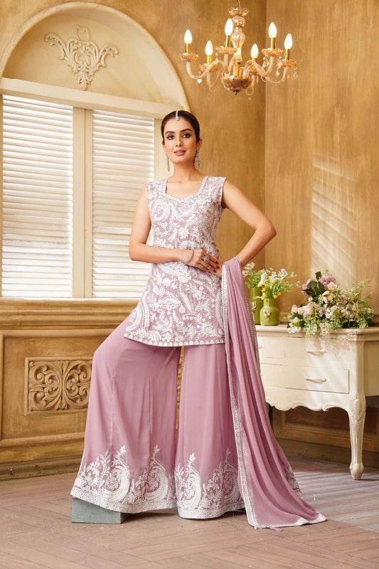 Sherni London lilac sharara set with cream threadwork and sequin embroidery all over. Sharara trousers with embroidery on hem and georgette chiffon base fabric. Dupatta with matching cream border embroidery