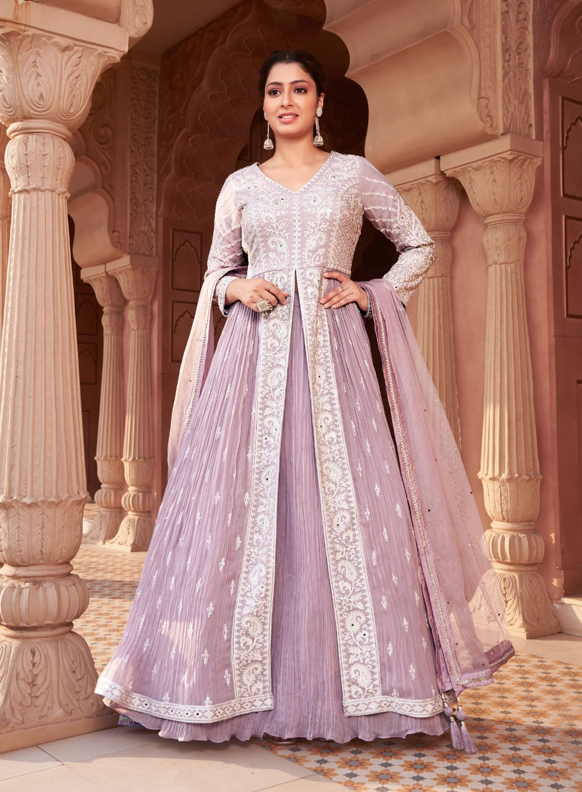 Sherni London Lilac jacket lengha anarkali set with cream threadwork all over in georgette chiffon fabric 