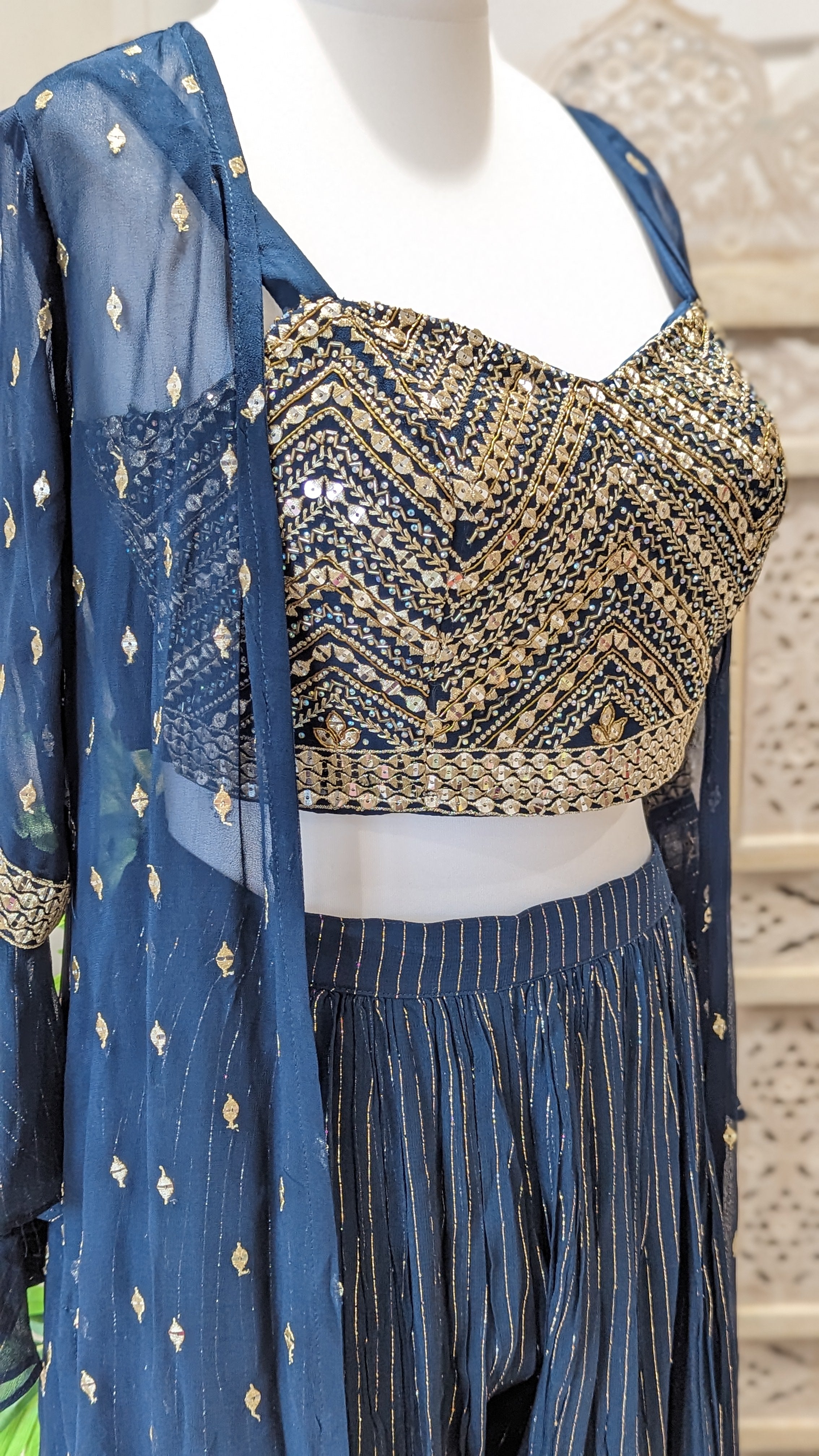 Teal Blue Crop-Top Sharara with Embroidered Jacket. Indo-Western. Size 38 (UK 8-10)