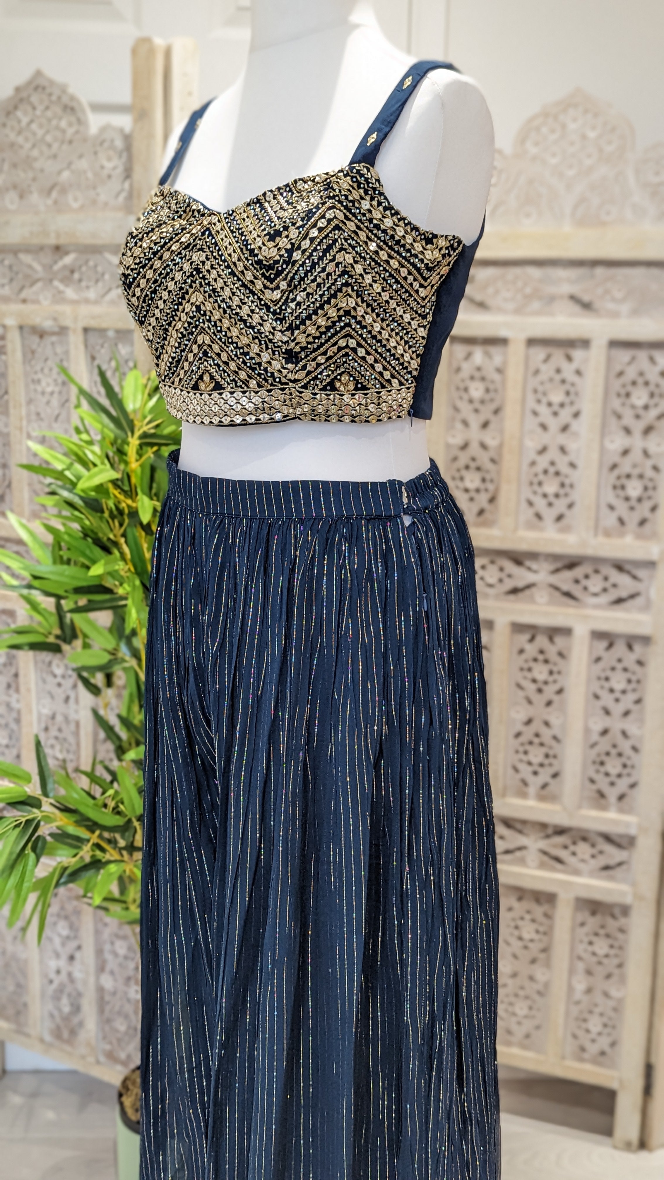 Teal Blue Crop-Top Sharara with Embroidered Jacket. Indo-Western. Size 38 (UK 8-10)