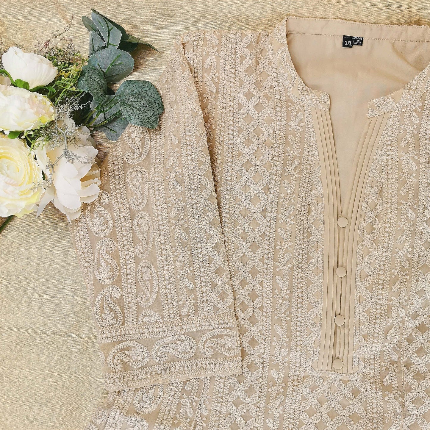 Beige Chikankari A-Line Kurti Sizes 8-22