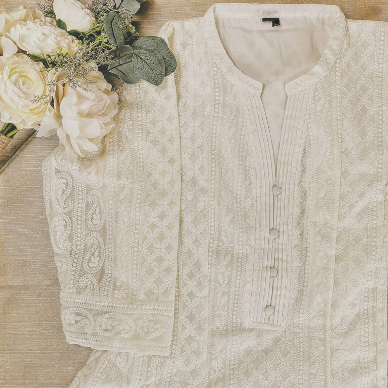 Cream Chikankari A-Line Kurti Sizes 8-22