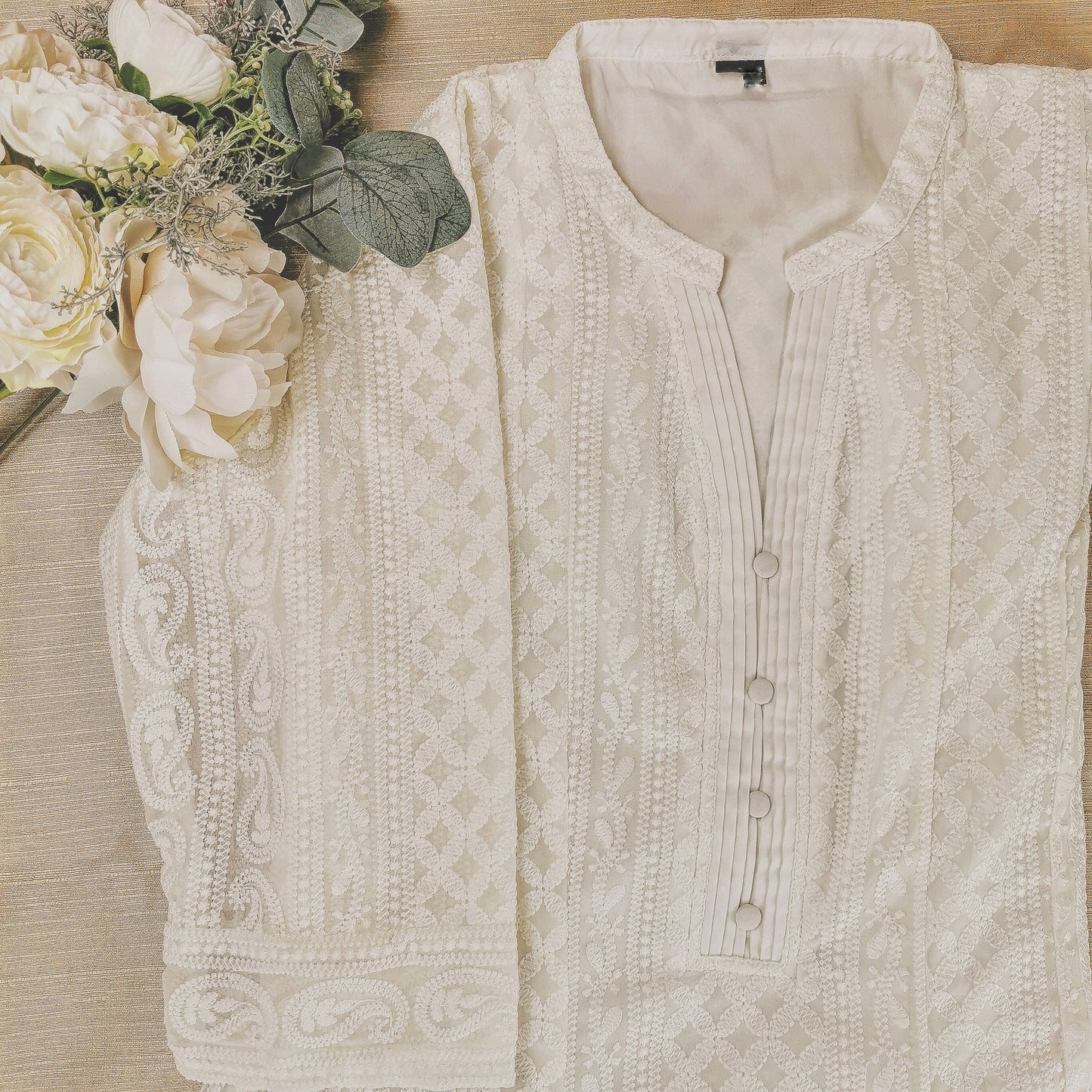 Cream Chikankari A-Line Kurti Sizes 8-22