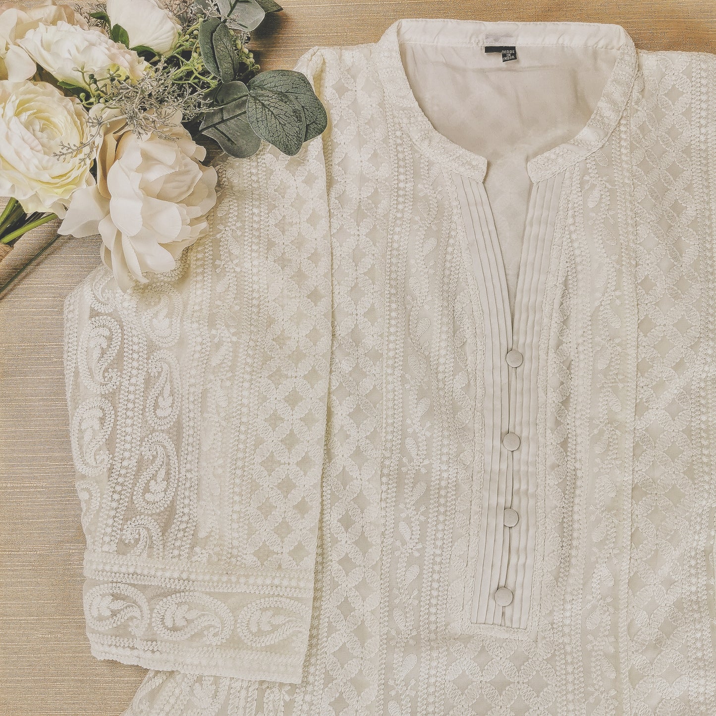 Cream Chikankari A-Line Kurti Sizes 8-22