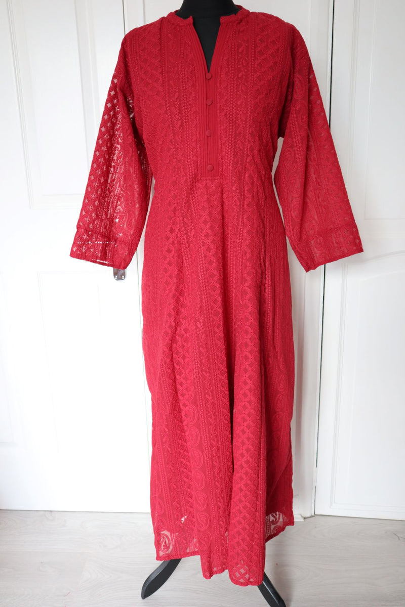 Red Chikankari A-Line Kurti Sizes 8-22