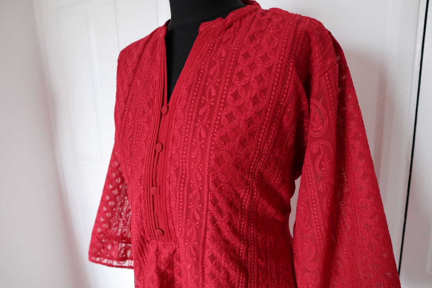 Red Chikankari A-Line Kurti Sizes 8-22