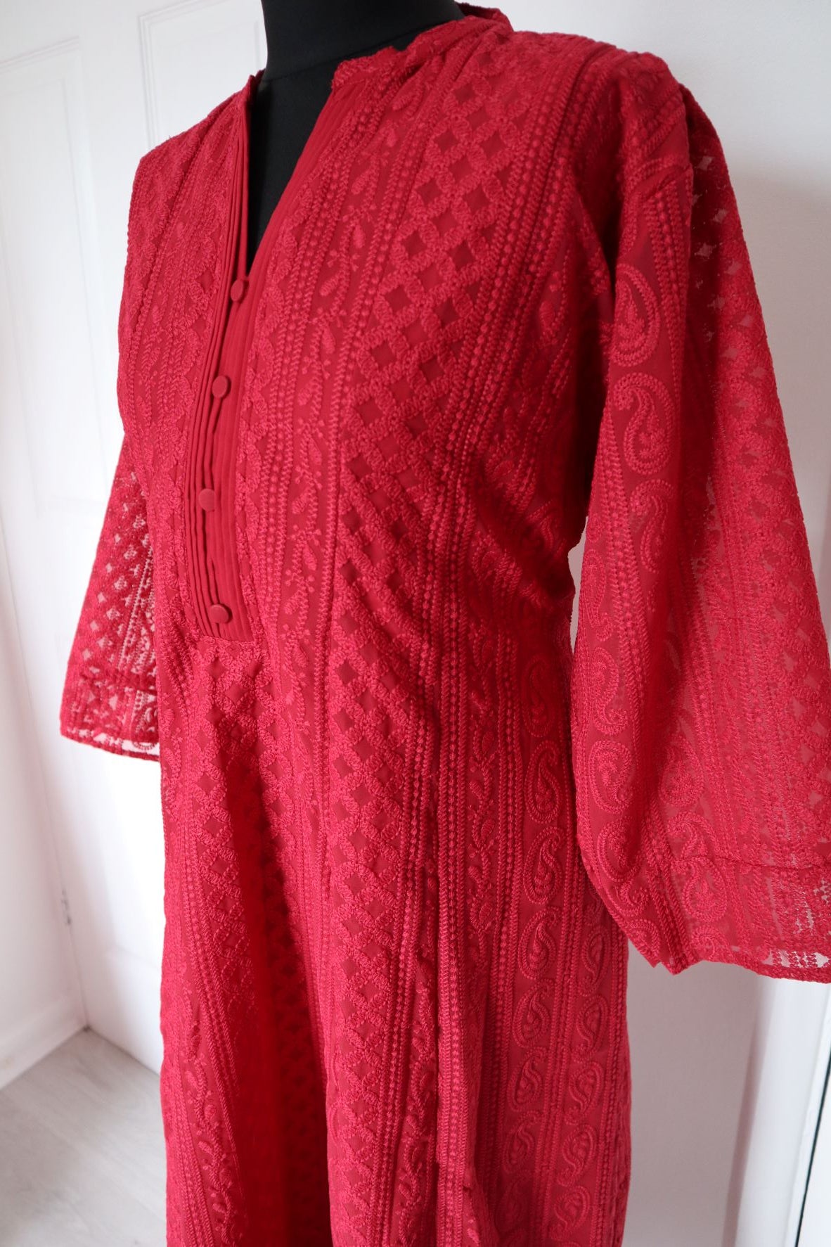 Red Chikankari A-Line Kurti Sizes 8-22