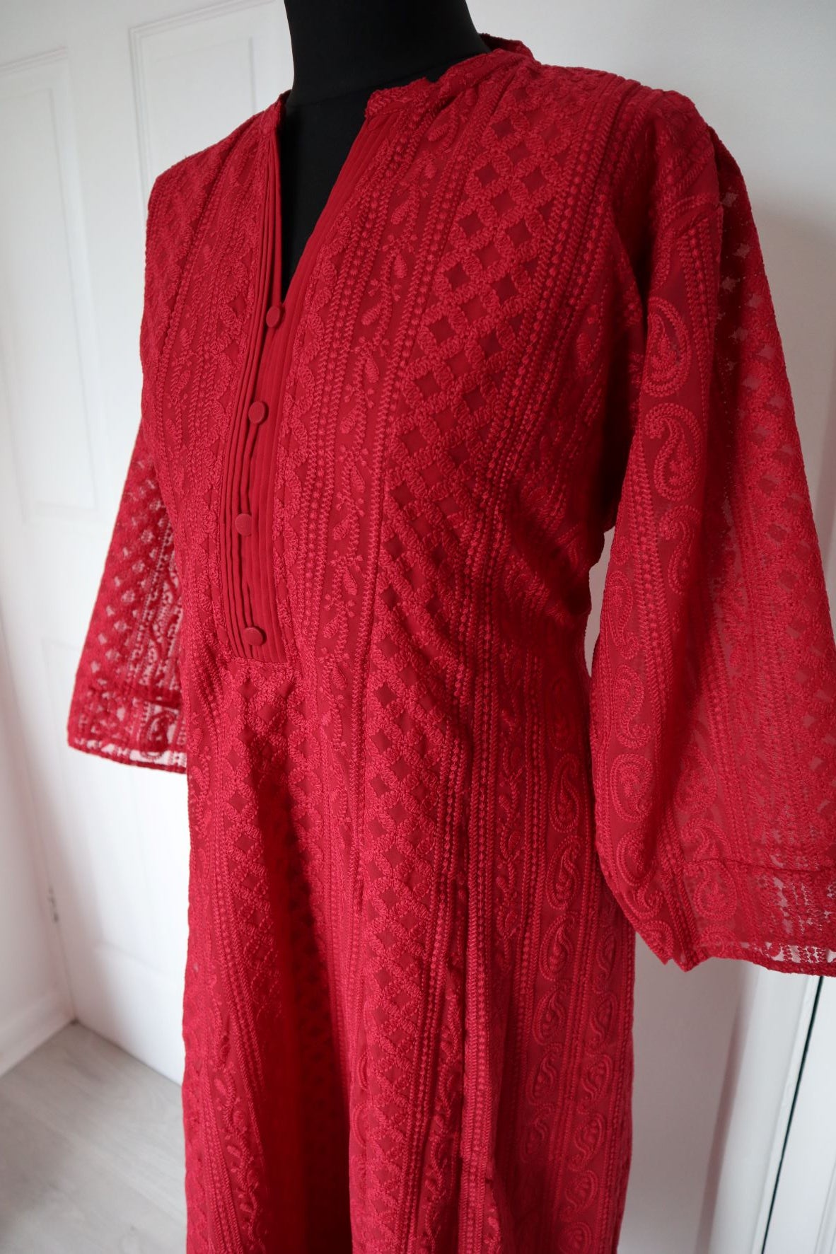 Red Chikankari A-Line Kurti Sizes 8-22