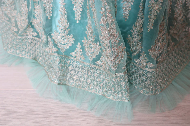 Off-shoulder Anarkali Gown - Aqua. Size 10-12 (bust 40")