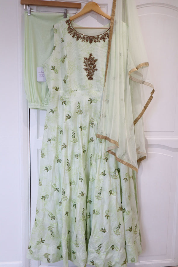 Pastel Green Gown with Hand Embellished Neckline 24-26 (bust 54")