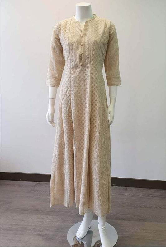 Beige Chikankari A-Line Kurti Sizes 8-22