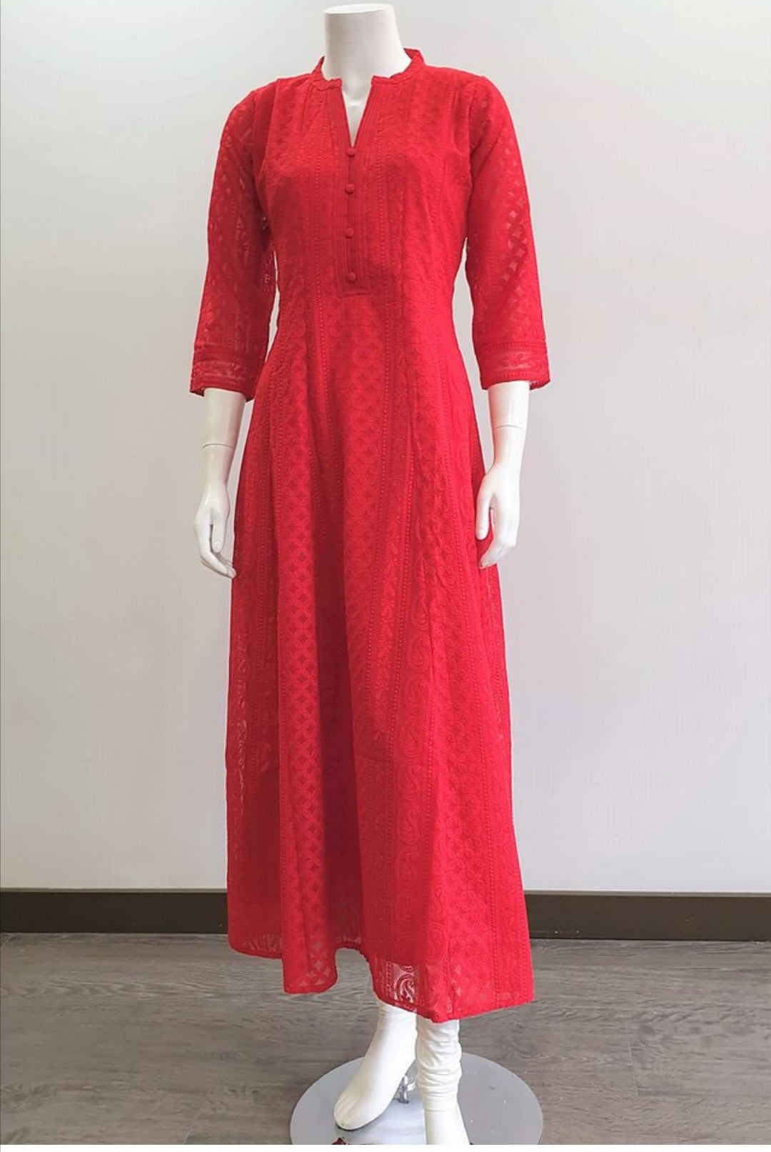 Red Chikankari A-Line Kurti Sizes 8-22