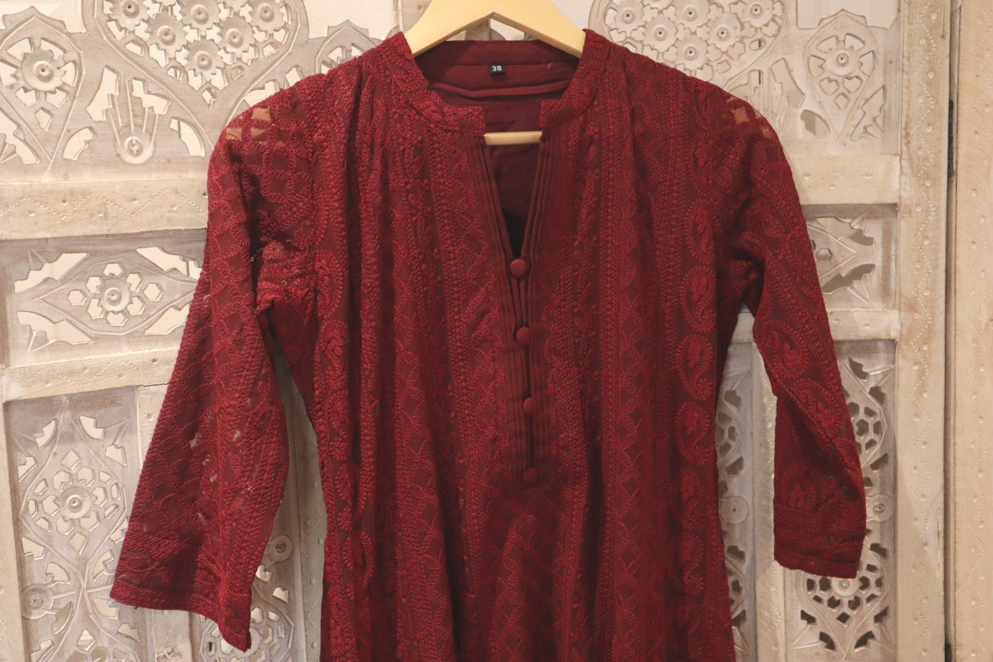 Burgundy Chikankari A-Line Kurti Sizes 8-22