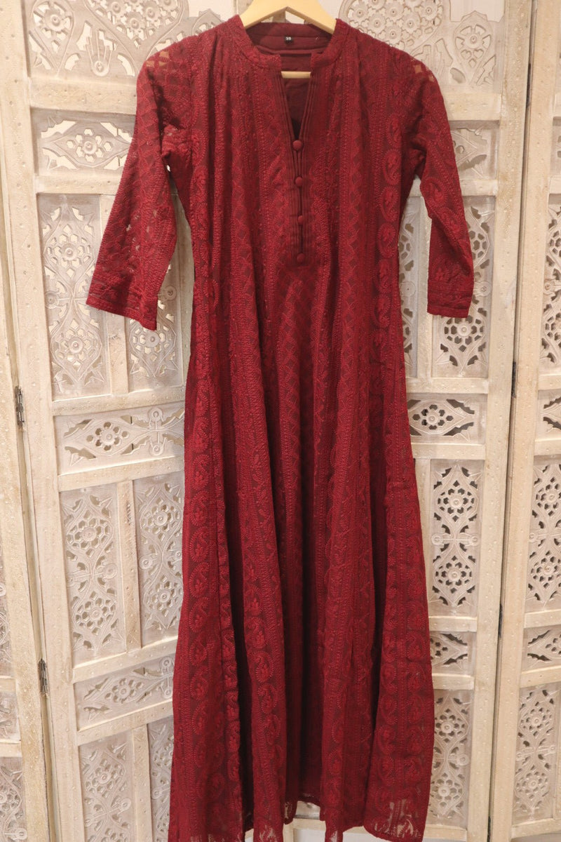 Burgundy Chikankari A-Line Kurti Sizes 8-22