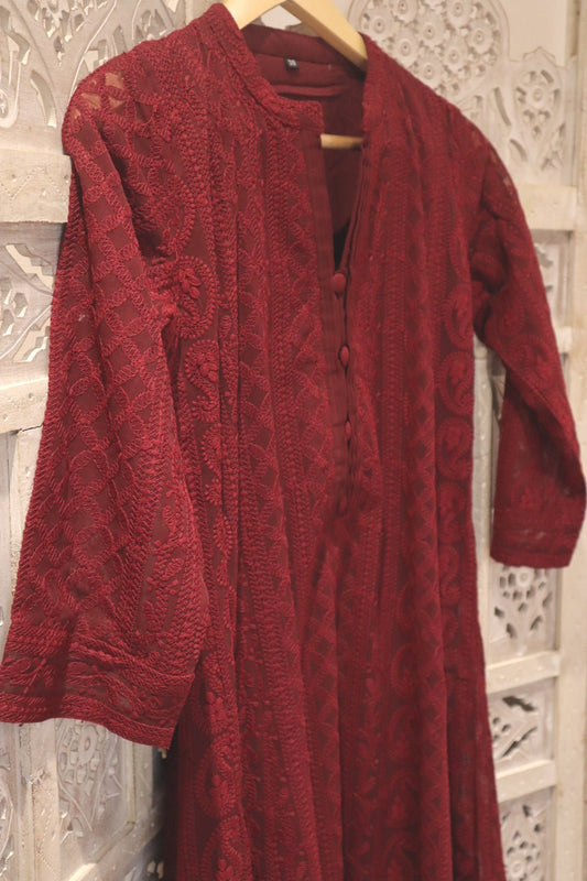 Burgundy Chikankari A-Line Kurti Sizes 8-22