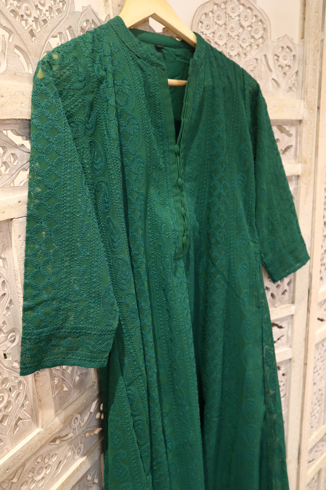 Forest Green Chikankari A-Line Kurti Sizes 8-22