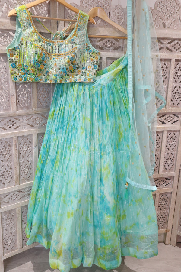 Turquoise Green Tie Dye Lehenga Size 10-12 (bust 40”)