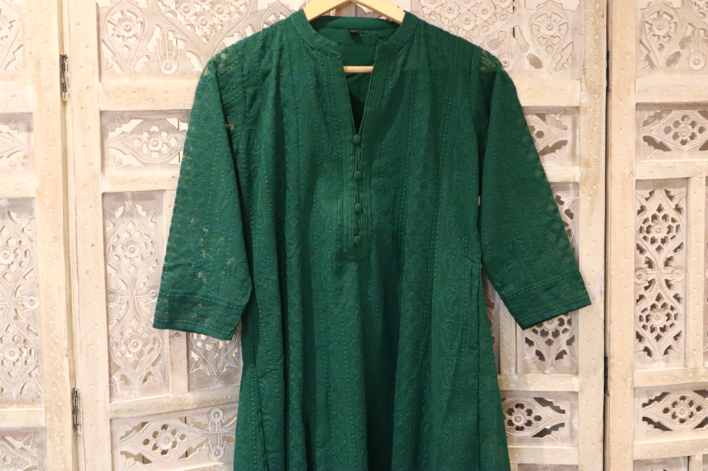 Forest Green Chikankari A-Line Kurti Sizes 8-22