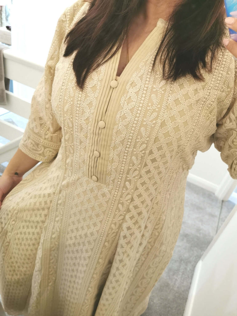 Beige Chikankari A-Line Kurti Sizes 8-22